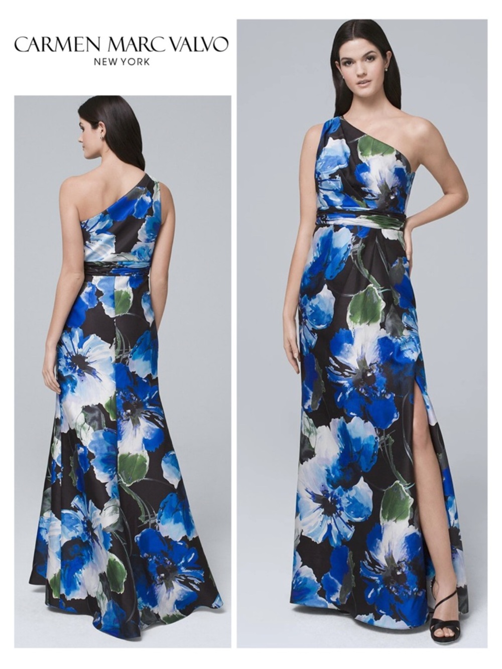 Carmen Marc Valvo Infusion Floral-Printed One-Shoulder Mikado Gown